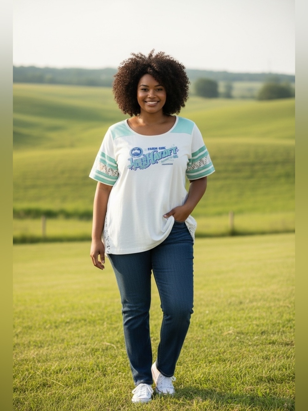 Farm Girl Likes to Play in Hayloft-NWT-Teal/White-Size Large-Crochet inserts